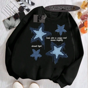 Biskilet Yaka Sweatshirt Beyaz YILDIZ DESENLİ Özel Tasarım