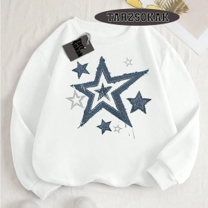 Biskilet Yaka Sweatshirt Beyaz YILDIZ DESENLİ Özel Tasarım