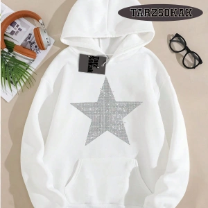 Biskilet Yaka Sweatshirt Beyaz YILDIZ DESENLİ Özel Tasarım