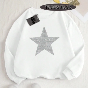 Biskilet Yaka Sweatshirt Beyaz YILDIZ DESENLİ Özel Tasarım