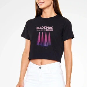 Black Pink Baskılı Kadın Siyah Crop Top Tişört