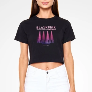 Black Pink Baskılı Kadın Siyah Crop Top Tişört