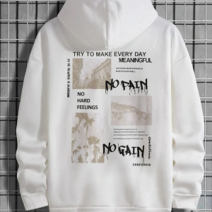 Black Sokak Beyaz No Pain No Gain Baskılı Oversize Kapüşonlu Sweatshirt