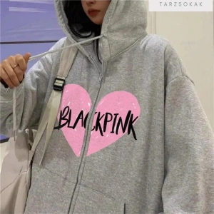 Blackpink Kalp Sweatshirt Fermuarlı Hırka Gri