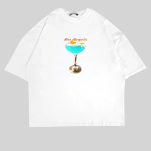 Blue Margarita Baskılı Beyaz Oversize Unisex