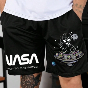Bol Kesim Erkek Astronot Harf Baskılı Şort Bağcıklı Bel Desenli Grafik Siyah