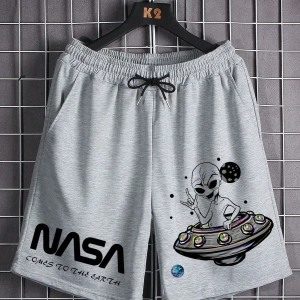 Bol Kesim Erkek Astronot Harf Baskılı Şort Bağcıklı Bel Desenli Grafik Siyah