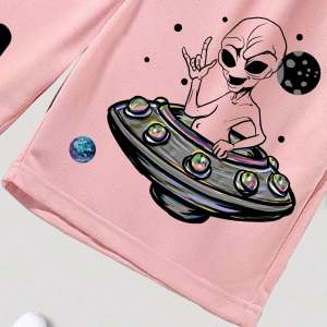 Bol Kesim Erkek Astronot Harf Baskılı Şort Bağcıklı Bel Desenli Grafik Siyah