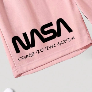 Bol Kesim Erkek Astronot Harf Baskılı Şort Bağcıklı Bel Desenli Grafik Siyah