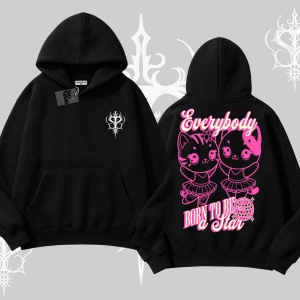 Born to Be a Star Yazılı Sevimli Kedi Arka Baskılı Kapşonlu Sweatshirt
