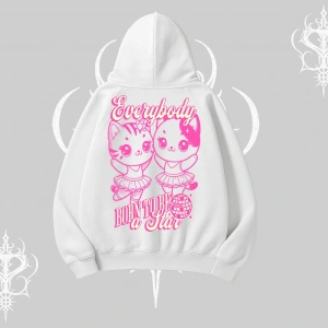 Born to Be a Star Yazılı Sevimli Kedi Arka Baskılı Kapşonlu Sweatshirt