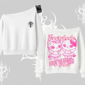 Born to Be a Star Yazılı Sevimli Kedi Arka Baskılı Kayık Yaka Sweatshirt