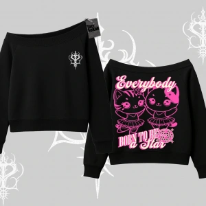 Born to Be a Star Yazılı Sevimli Kedi Arka Baskılı Kayık Yaka Sweatshirt