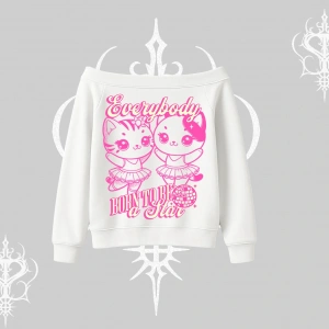 Born to Be a Star Yazılı Sevimli Kedi Arka Baskılı Kayık Yaka Sweatshirt