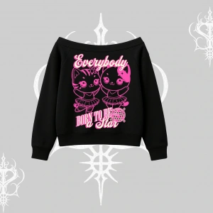 Born to Be a Star Yazılı Sevimli Kedi Arka Baskılı Kayık Yaka Sweatshirt