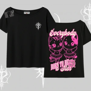 Born to Be a Star Yazılı Sevimli Kedi Arka Baskılı Kayık Yaka Tshirt