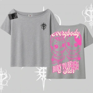 Born to Be a Star Yazılı Sevimli Kedi Arka Baskılı Kayık Yaka Tshirt