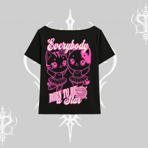 Born to Be a Star Yazılı Sevimli Kedi Arka Baskılı Kayık Yaka Tshirt