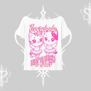 Born to Be a Star Yazılı Sevimli Kedi Arka Baskılı Kayık Yaka Tshirt