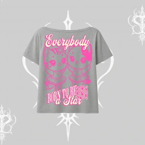 Born to Be a Star Yazılı Sevimli Kedi Arka Baskılı Kayık Yaka Tshirt