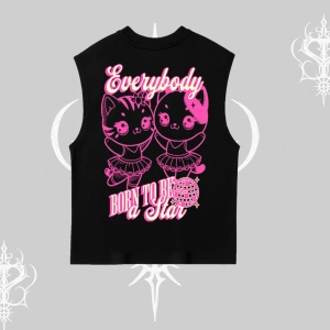 Born to Be a Star Yazılı Sevimli Kedi Arka Baskılı Kolsuz Tshirt