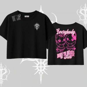 Born to Be a Star Yazılı Sevimli Kedi Arka Baskılı Oversize Crop Tshirt