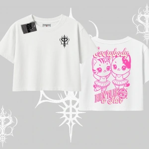 Born to Be a Star Yazılı Sevimli Kedi Arka Baskılı Oversize Crop Tshirt