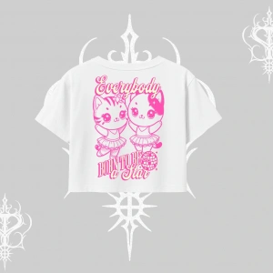 Born to Be a Star Yazılı Sevimli Kedi Arka Baskılı Oversize Crop Tshirt