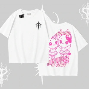 Born to Be a Star Yazılı Sevimli Kedi Arka Baskılı Oversize Tshirt