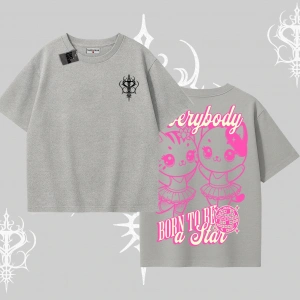 Born to Be a Star Yazılı Sevimli Kedi Arka Baskılı Oversize Tshirt