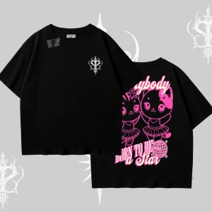 Born to Be a Star Yazılı Sevimli Kedi Arka Baskılı Oversize Tshirt