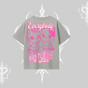Born to Be a Star Yazılı Sevimli Kedi Arka Baskılı Oversize Tshirt