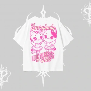 Born to Be a Star Yazılı Sevimli Kedi Arka Baskılı Oversize Tshirt