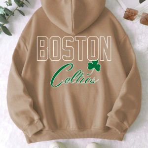 Boston Renkli Baskılı Oversize Kapüşonlu Sweatshirt Bej
