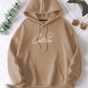 Boston Renkli Baskılı Oversize Kapüşonlu Sweatshirt Bej