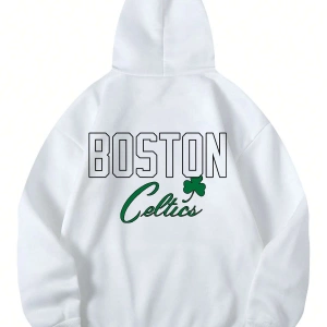 Boston Renkli Baskılı Oversize Kapüşonlu Sweatshirt Beyaz