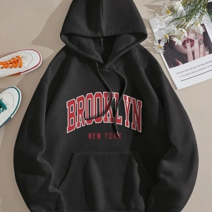 Brooklyn Baskılı Üç İplik Ünisex Oversize Kapüşonlu Sweatshirt Beyaz