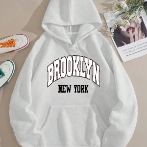 Brooklyn Baskılı Üç İplik Ünisex Oversize Kapüşonlu Sweatshirt Beyaz