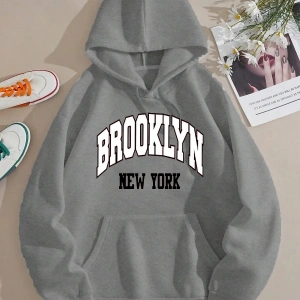 Brooklyn Baskılı Üç İplik Ünisex Oversize Kapüşonlu Sweatshirt Füme