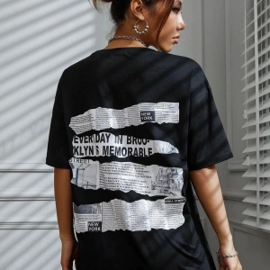 Brooklyn Slogan Baskılı Gazete Desenli Oversize