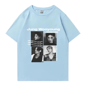 Bts Ateez Wooyoung grafik siyah tişört erkek kadın moda vintage boy kısa kollu t shirt Unisex