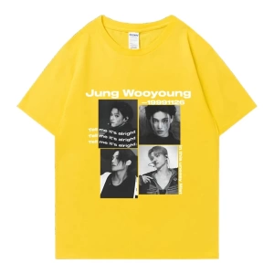 Bts Ateez Wooyoung grafik siyah tişört erkek kadın moda vintage boy kısa kollu t shirt Unisex