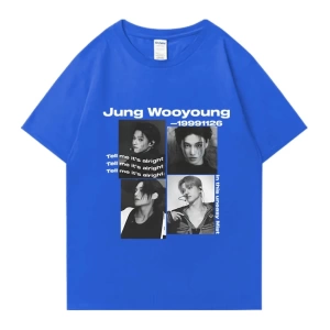 Bts Ateez Wooyoung grafik siyah tişört erkek kadın moda vintage boy kısa kollu t shirt Unisex