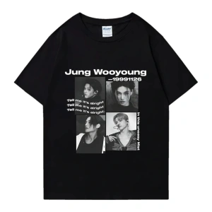 Bts Ateez Wooyoung grafik siyah tişört erkek kadın moda vintage boy kısa kollu t shirt Unisex