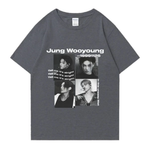 Bts Ateez Wooyoung grafik siyah tişört erkek kadın moda vintage boy kısa kollu t shirt Unisex