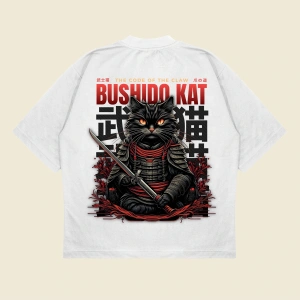 Bushidocat Baskılı Oversize Unisex Pamuklu Nefes Alan Kalın Kumaşlı