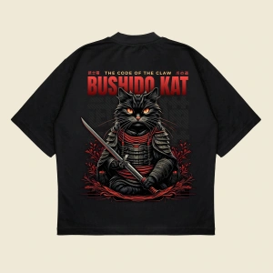 Bushidocat Baskılı Oversize Unisex Pamuklu Nefes Alan Kalın Kumaşlı