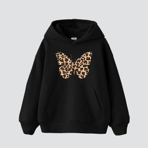 Butterfly Leopard Baskılı Oversize Unisex Premium Siyah