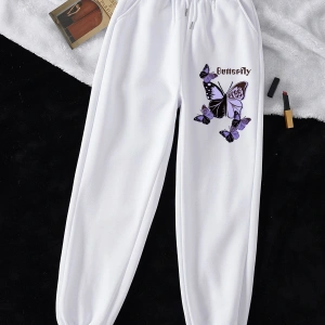 Butterfly & Letter Graphic Drawstring Waist 4 Mevsim Eşofman