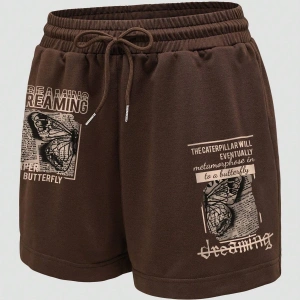 Butterfly & Letter Graphic Drawstring Waist Şort